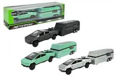 Машина металева AP74226, 1:32 Tesla pickup trailer rv, батарейка, світло, звук, відкр.двері ,3 кольори АВТОПРОМ